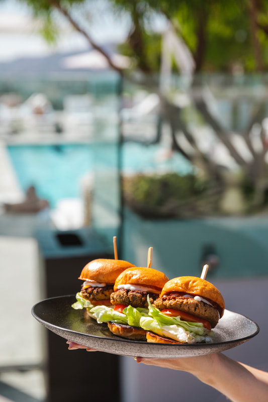 Wagyu sliders at rooftop pool.