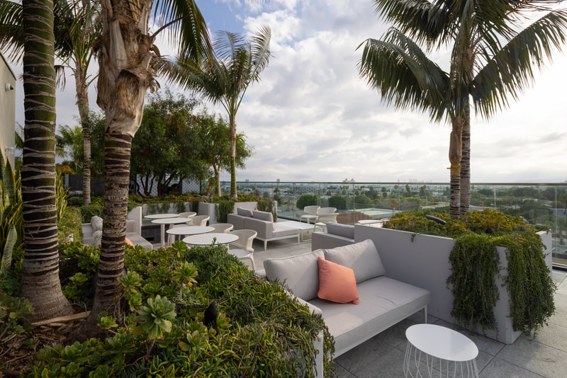 Rooftop lounge area with couches, tables and chairs